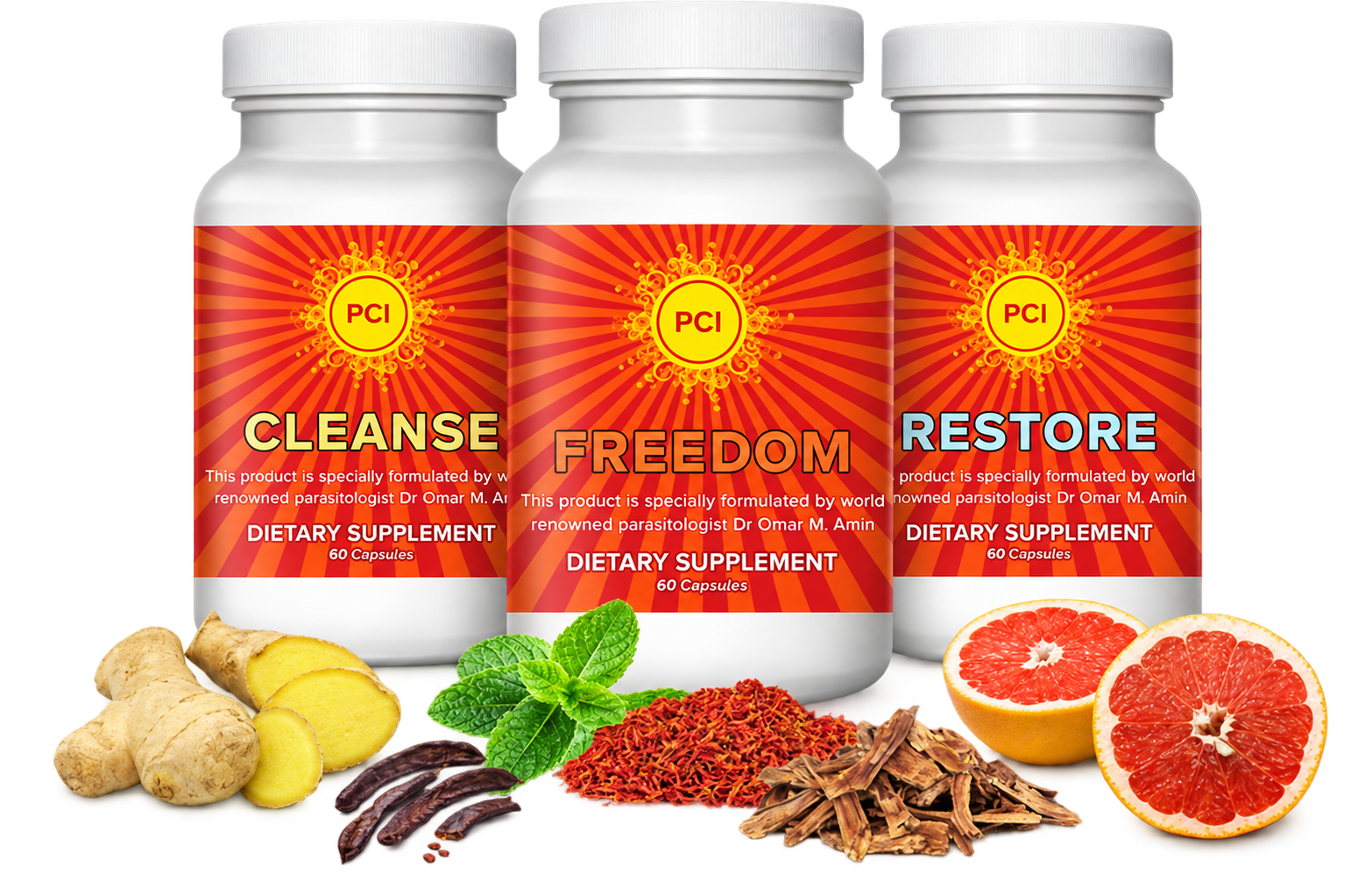 Cleanse, Freedom and Restore supplements with their botanical ingredients